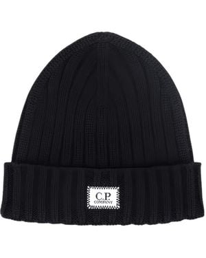 C.P. Company Extrafine Merino Wool Logo Beanie - Blue