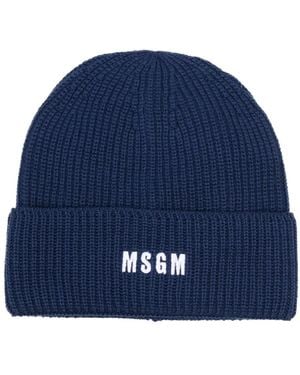 MSGM Logo-Embroidered Ribbed-Knit Beanie - Blue