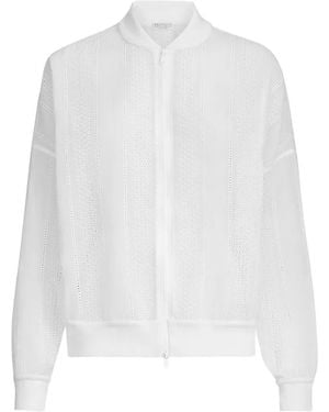 Brunello Cucinelli Cotton Organza Broderie Anglaise Bomber Jacket With Zip And Monili - White
