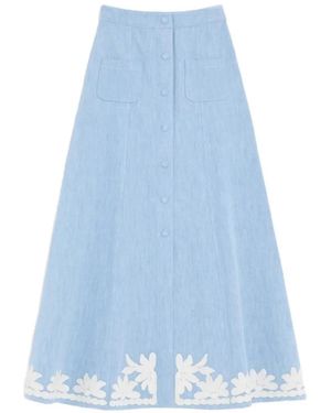 Valentino Garavani Embroidered Denim Midi Skirt - Blue