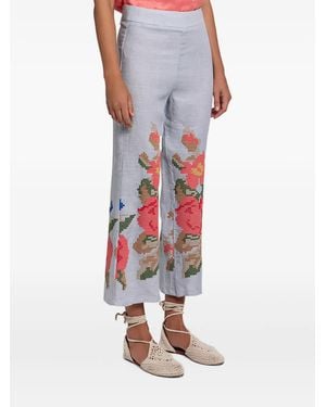 Greek Archaic Kori Floral-Embroidered Trousers - White