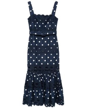 Self-Portrait Polka Dot Linen Midi Dress - Blue