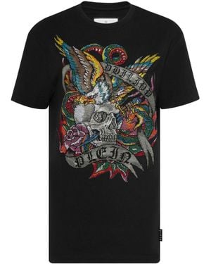 Philipp Plein Crystal-Embellished Tattoo-Print T-Shirt - Black