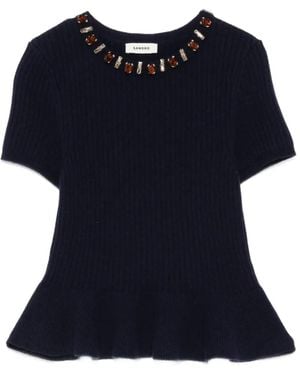Sandro Crystal-Embellished Short-Sleeve Top - Blue
