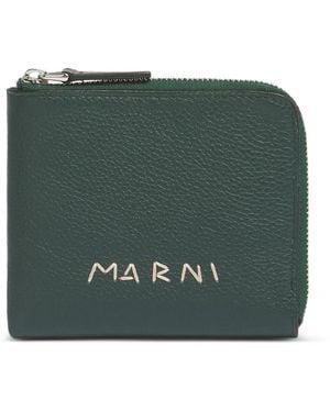 Marni Leather Zip-Around Wallet With Mending-Embroidery - Green