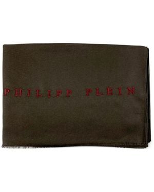 Philipp Plein Logo-Embroidered Frayed Scarf - Brown