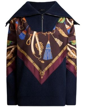 Etro Wool And Cashmere Sweater With Zip And Silk Insert - Blue