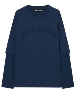 Palm Angels Curved Logo Double Long-Sleeve T-Shirt - Blue