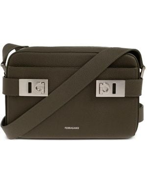 Ferragamo Gancini Pebbled Leather Messenger Bag - Black