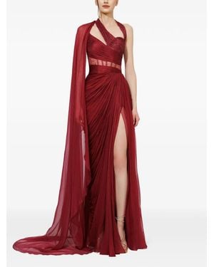 IRIS SERBAN Alexa Asymmetric-Neck Lace-Detail Maxi Dress - Red