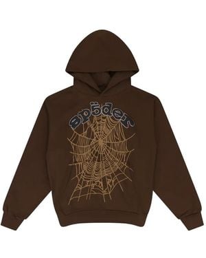 Sp5der Rhinestone-Embelished Web-Motif Hoodie - Brown