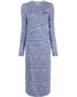 Ganni Zodiac Logo-Print Stretch-Jersey Dress - Blue