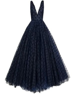 Oscar de la Renta Flocked Checked Gown - Blue