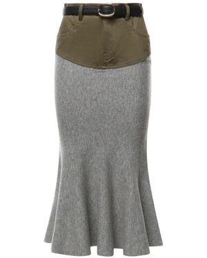 Self-Portrait Knit-Khaki Denim-Insert Midi Skirt - Grey