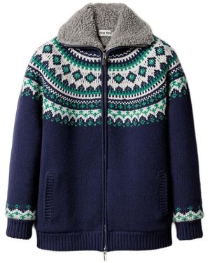 Miu Miu Wool And Fleece Cardigan With Zipper - Blue