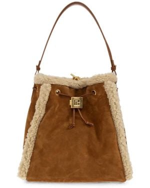 Balmain Shearling-Trim Leather Backpack - Brown