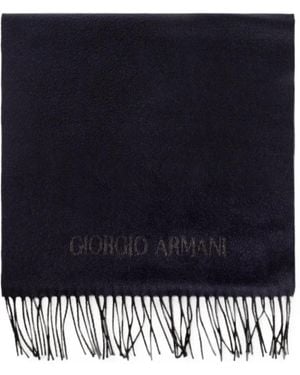 Giorgio Armani Fringed Logo-Embroidered Scarf - Blue