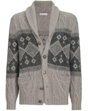 Brunello Cucinelli Cardigan En Maille Torsadée Chinée De Laine Vierge, Soie Et Cachemire À Motif Intarsia - Gris