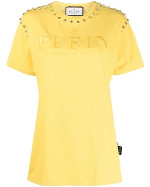 Philipp Plein Crystal-Embellished Logo-Embroidered T-Shirt - Yellow
