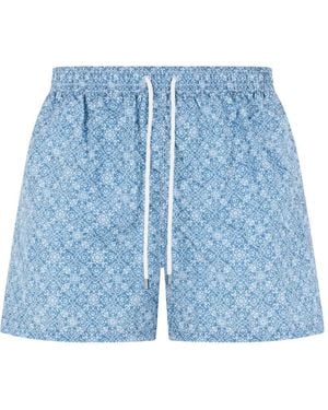 Fedeli Geometric-Pattern Drawstring Swim Shorts - Blue