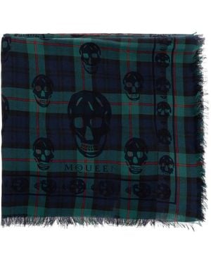 McQueen スカルプリント チェック スカーフ - ブルー