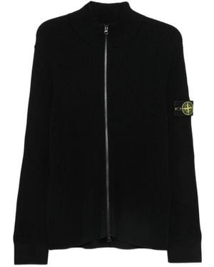 Stone Island Ribbed Rws Wool Zip-Up Cardigan With Logo Badge - Black