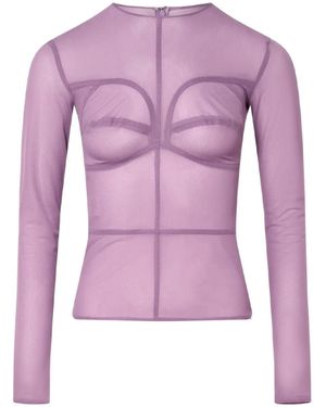 Pushbutton Panelled-Design Long-Sleeves Blouse - Pink