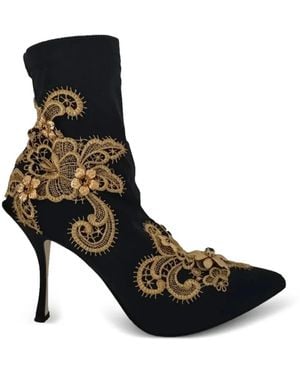 Dolce & Gabbana Lace-Appliqué Crystal-Embellished Ankle Boots - Black