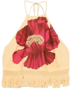 FARM Rio Poppy-Print Fringe-Trim Top - Red