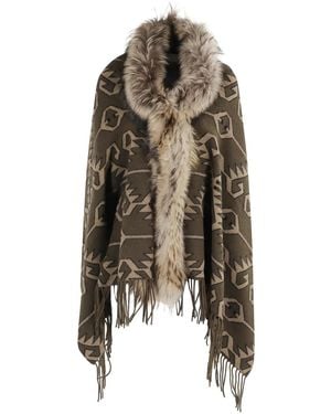 Bazar Deluxe Faux-Fur Trimmed Geometric-Pattern Cape - Brown