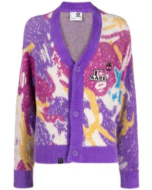 Aape By A Bathing Ape Logo-Appliqué Colour-Block Textured Cardigan - Purple