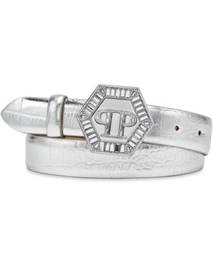 Philipp Plein Crocodile-Embossed Logo-Embellished Leather Belt - White