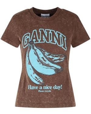 Ganni Graphic-Print Cotton T-Shirt - Brown