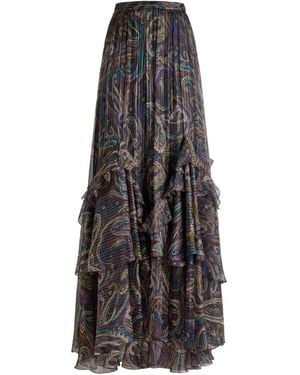 Etro Ruffled Paisley-Motif Silk Maxi Skirt - Grey