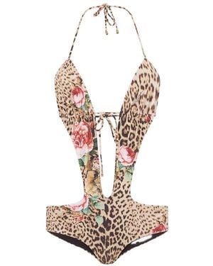 Roberto Cavalli Leopard-Print Floral-Print Swimsuit - White