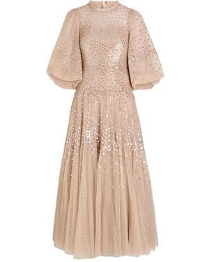 Needle & Thread Sequin-Embellished Flute-Sleeve Dress - Natural