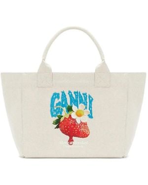 Ganni Medium Strawberry-Print Tote Bag - White