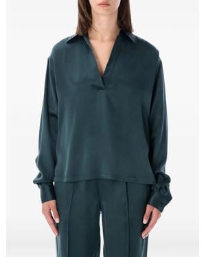 Tom Ford Peach-Feel Silk Satin Polo With Tonal Tf Embroidered Logo - Blue