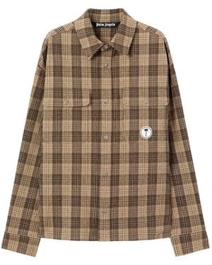 Palm Angels Logo-Patch Checked-Pattern Shirt - Natural