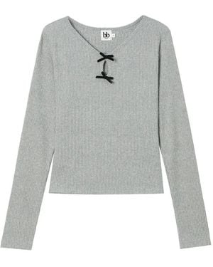 B+ AB Ribbed-Knit Bow-Detail T-Shirt - Grey
