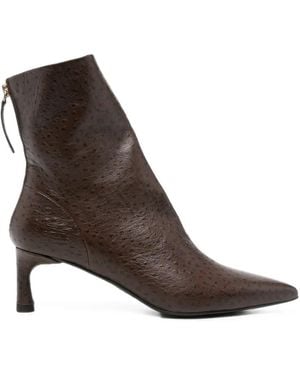 Halmanera Ostrich-Effect Pointed-Toe Ankle Boots - Brown