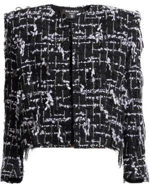 Balmain Veste Cropped En Tweed Frangé - Noir