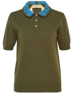 N°21 Floral-Embroidered Collar Polo Shirt - Green