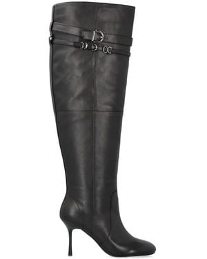 Pinko Pointed Toe Knee-High Boots With Decorative Straps - Black