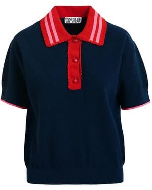 Essentiel Antwerp Lace-Trimmed Strawberry-Button Polo Top - Blue