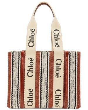 Chloé Woody Striped Linen Tote Bag - White