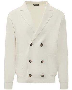 Hōsio Double-Breasted Patch-Pocket Blazer-Style Cardigan - White