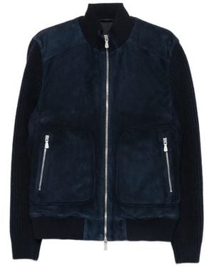 Eleventy Suede-Panelled Ribbed-Knit Jacket - Blue