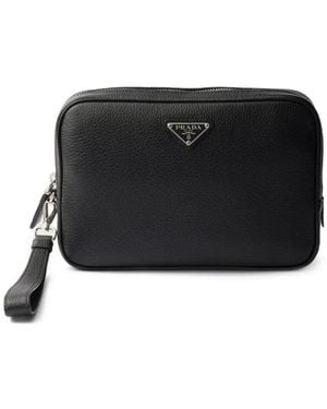 Prada Leather Triangle Logo Clutch - Black