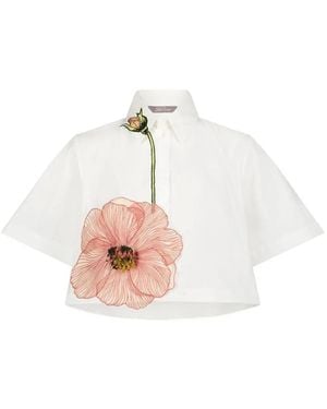 Lela Rose Peony Embroidered Crop Shirt - White